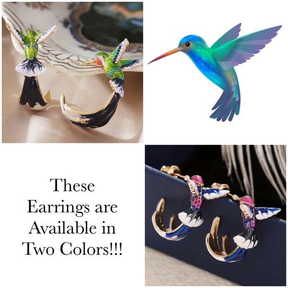 Whimsical Hand Painted Blue and Purple Birds of Paradise Hoop Earrings - Picture 6 of 16